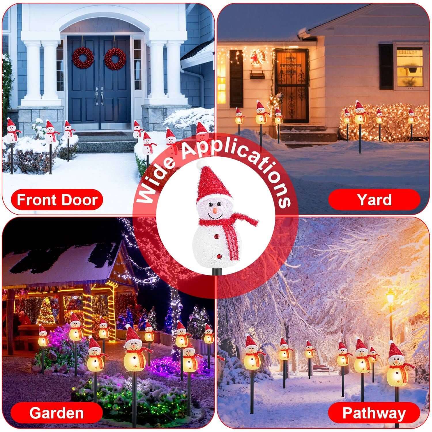 Solar Powered Christmas Lamp with Snowmen used in gardens, paths, yards, and front doors for festive outdoor decoration.