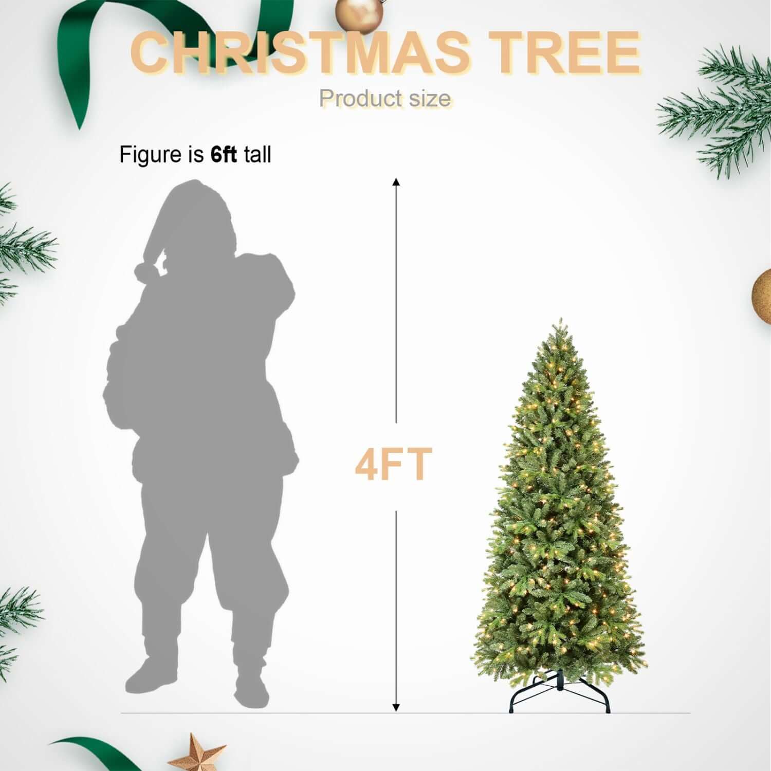 Comparison of a person with a 4FT Christmas Tree with LED Lights, showing size in a festive setting.
