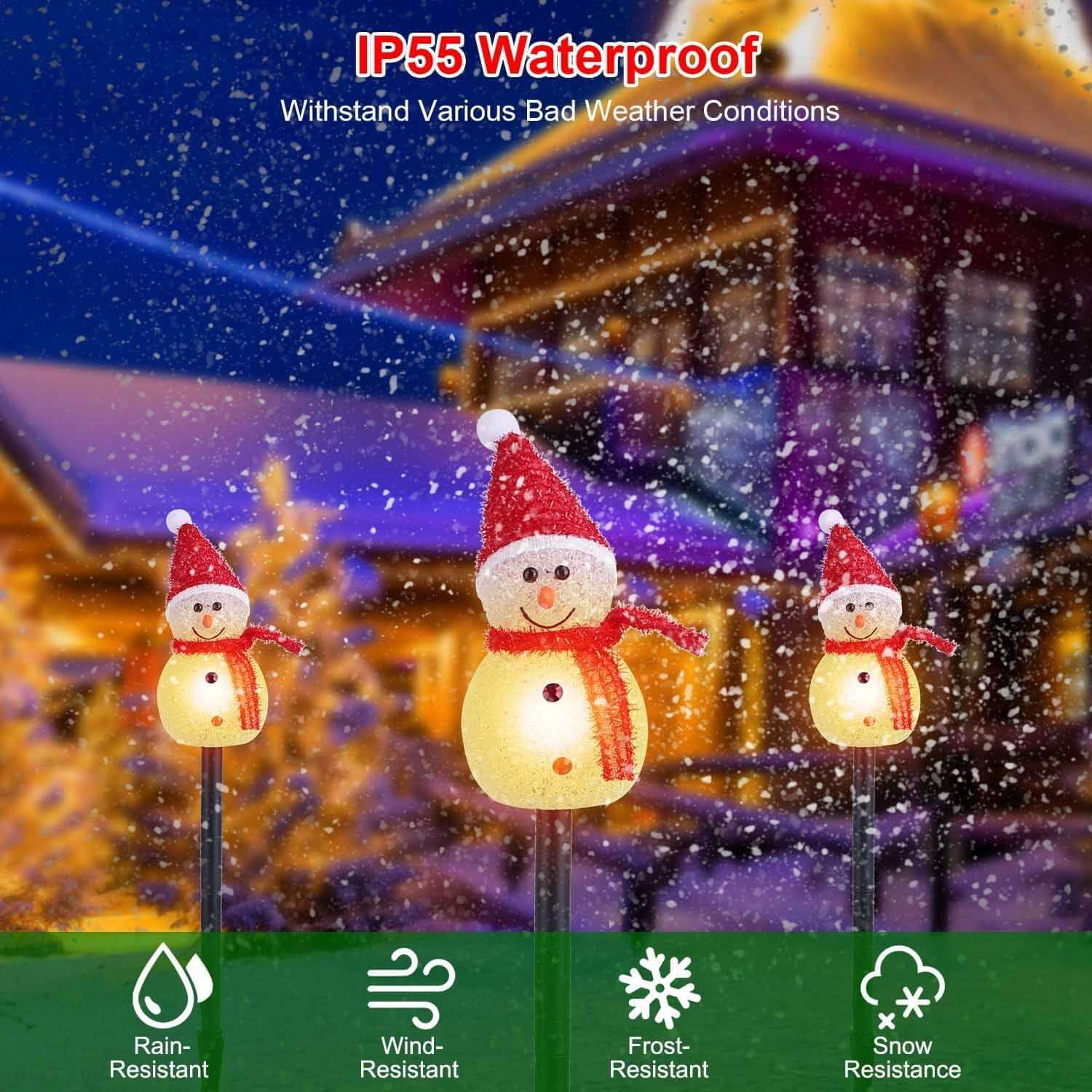 Solar Powered Christmas Lamp with 3 Snowmen, IP55 waterproof, outdoor decorative garden stake for holiday lighting in winter snow.
