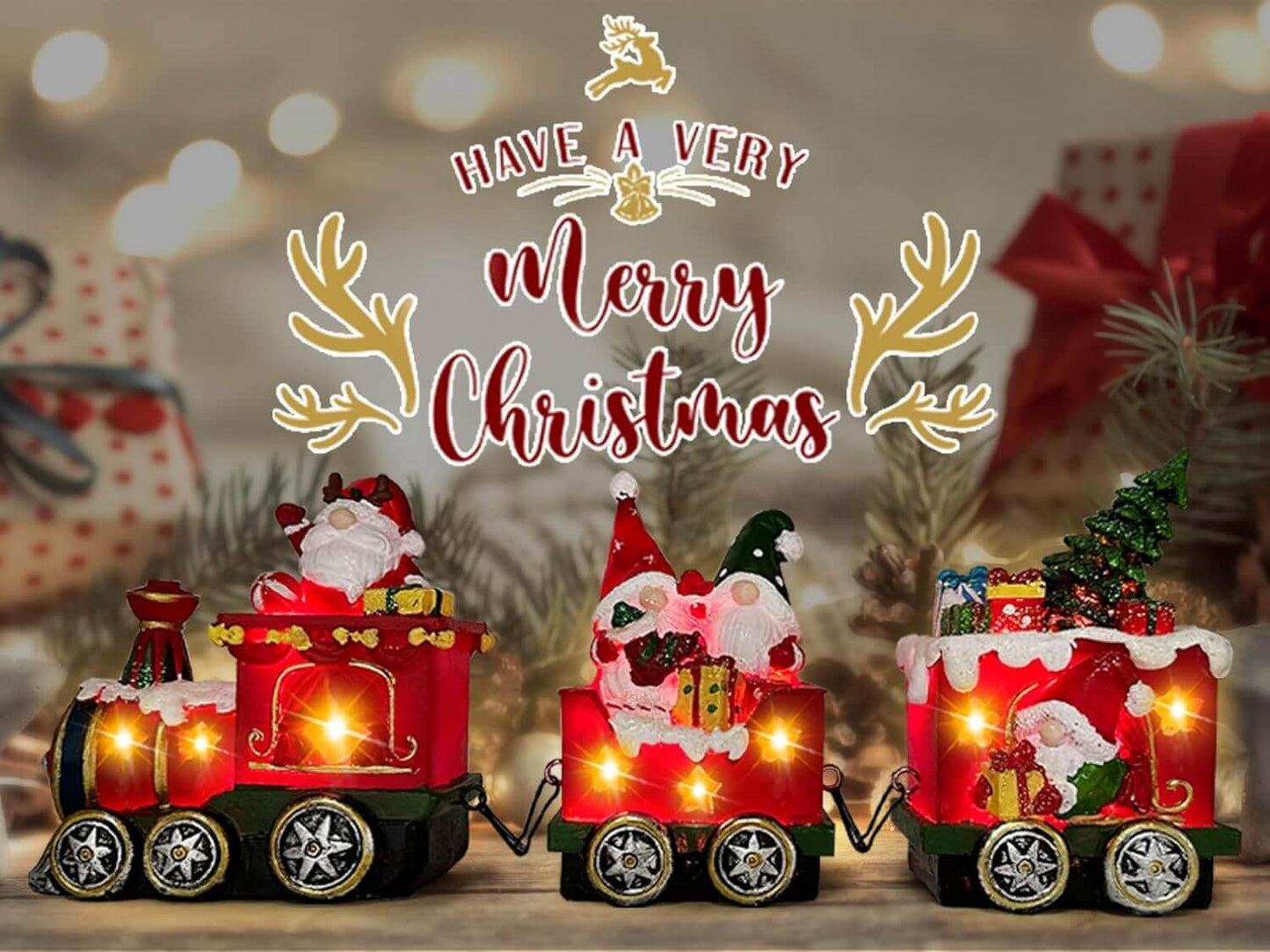 Christmas Gnome Decorations Centerpieces light-up train set with glowing gnome figures, perfect for festive holiday table decor.