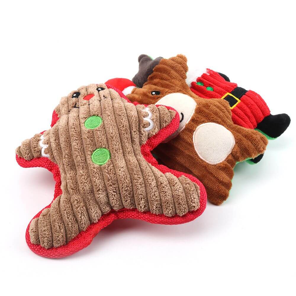 Christmas pet chew toy Pet plush voice toy set with gingerbread and reindeer designs, perfect holiday gift for dogs.