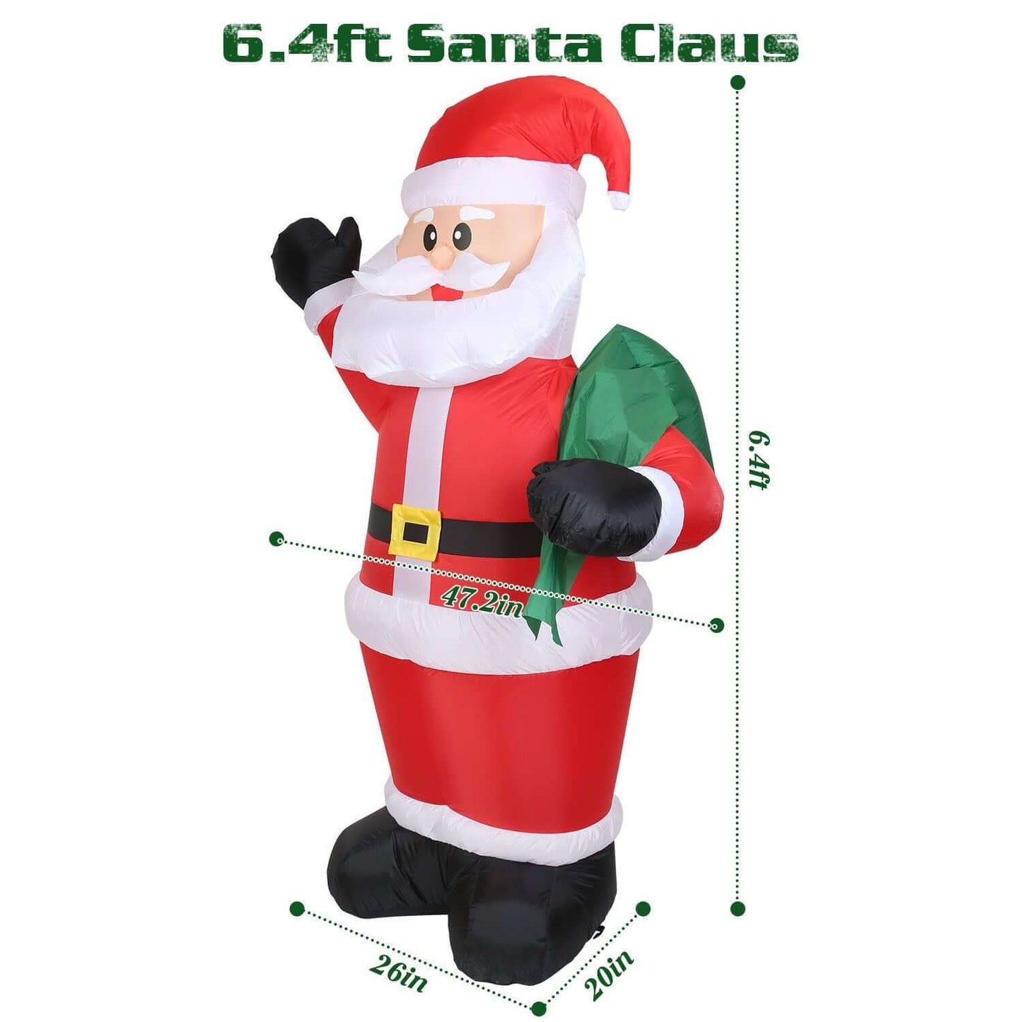 6.4ft Inflatable Christmas Giant Santa Claus with green gift bag, perfect festive decoration with detailed dimensions highlighted.