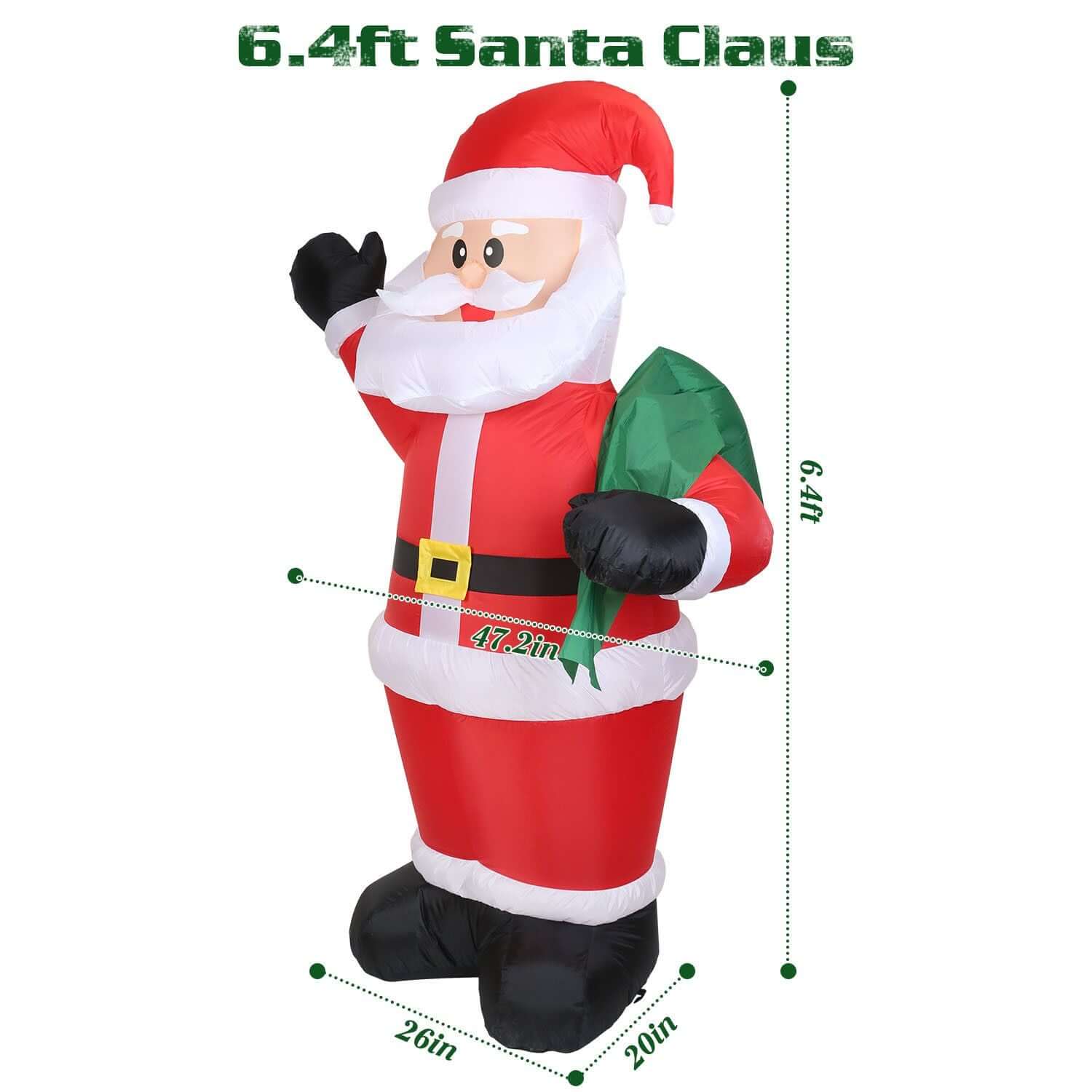 6.4ft Inflatable Christmas Giant Santa Claus with green gift bag, perfect festive decoration with detailed dimensions highlighted.