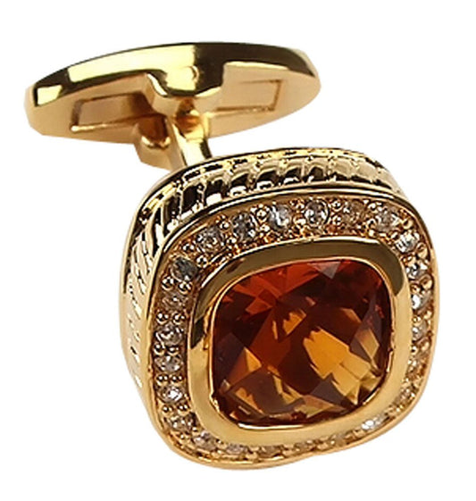 Men's rhinestone shirt cufflink in gold with brown gemstone, perfect for weddings and formal occasions. Ideal gift choice.