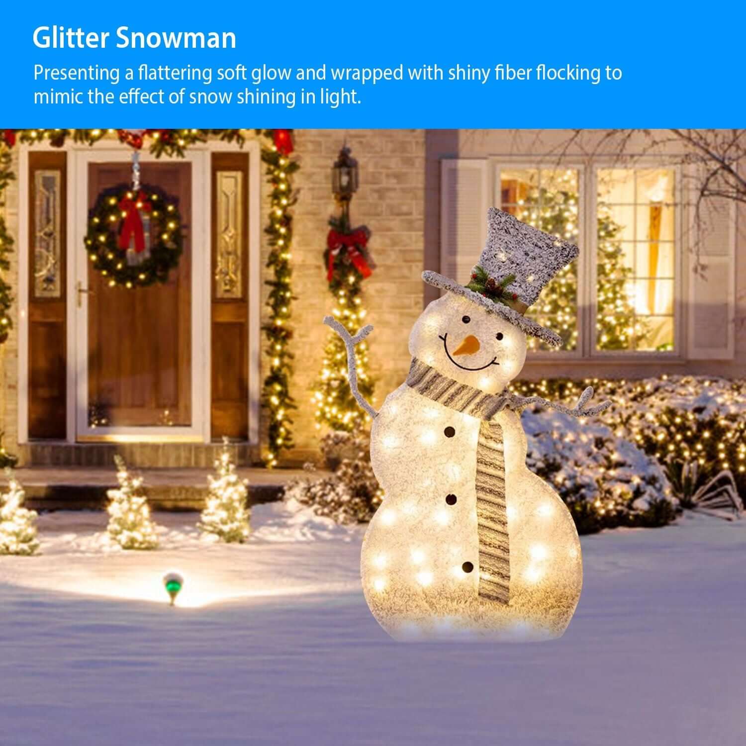LED Christmas Snowman Decoration Light Battery for festive holiday display in front of house with glowing lights