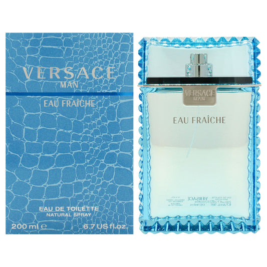 Versace Man Eau Fraiche for Men 6.7 oz EDT Spray bottle and packaging, featuring a blue crocodile pattern box, luxury fragrance for men.