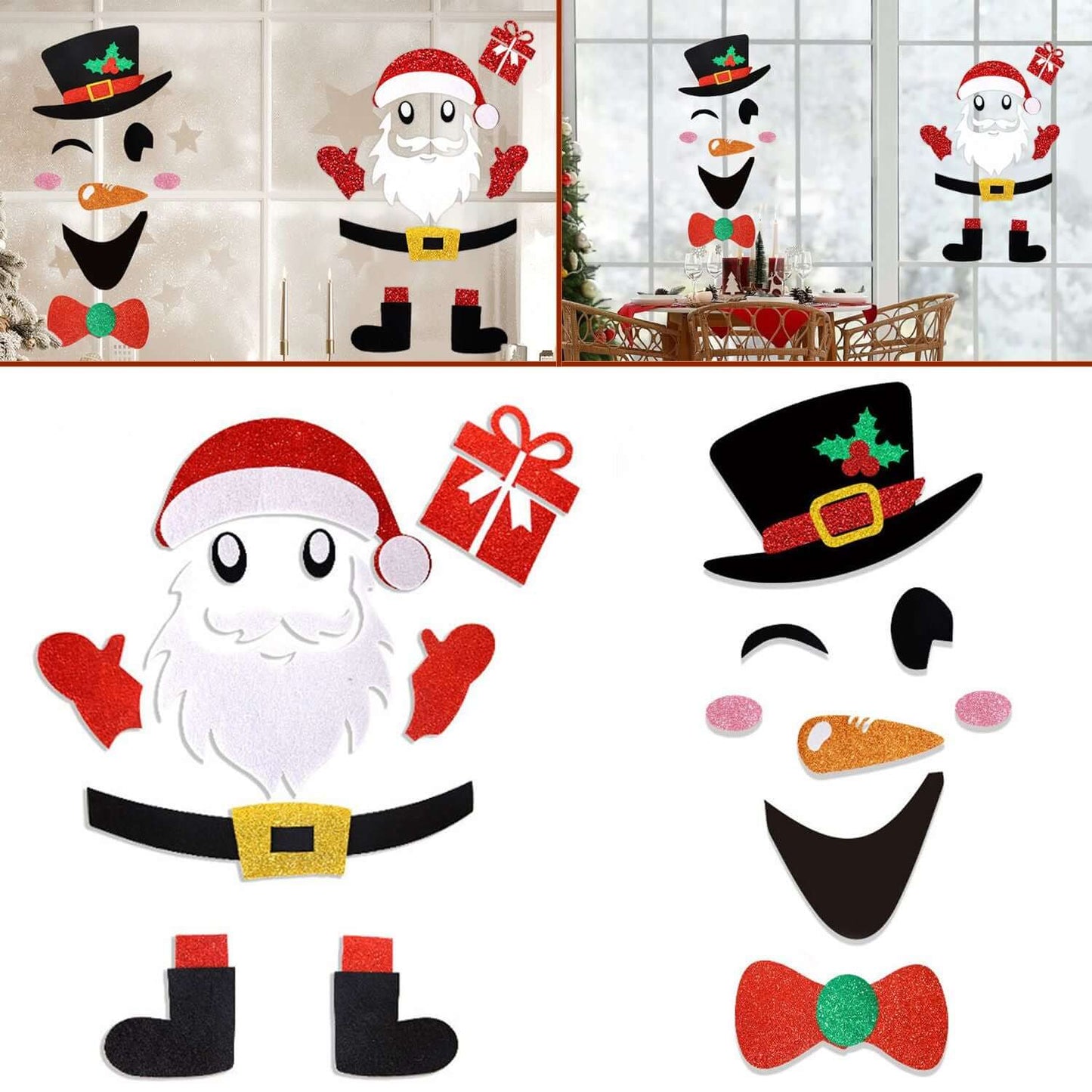 Christmas Door Stickers featuring Santa Claus and snowman designs in vibrant felt for holiday decoration.