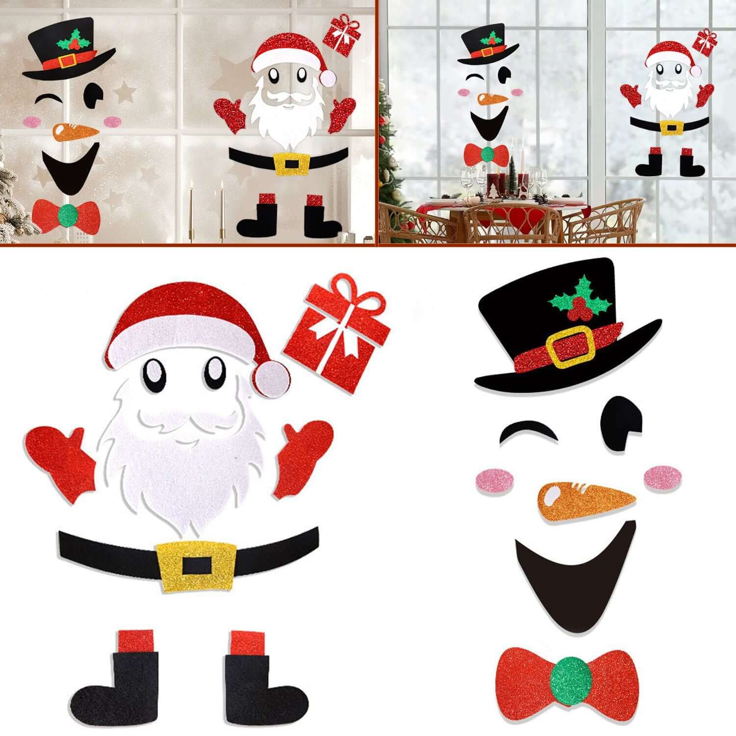 Christmas Door Stickers featuring Santa Claus and snowman designs in vibrant felt for holiday decoration.