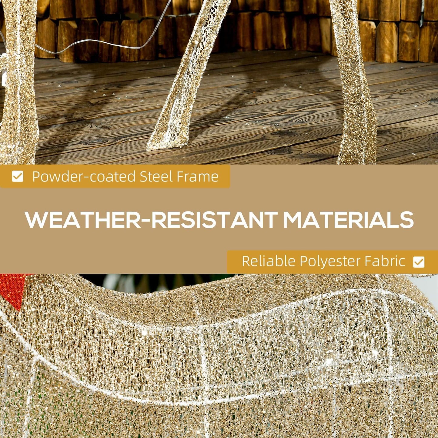 Close-up of Christmas Deer Decorations showcasing weather-resistant frame and fabric details