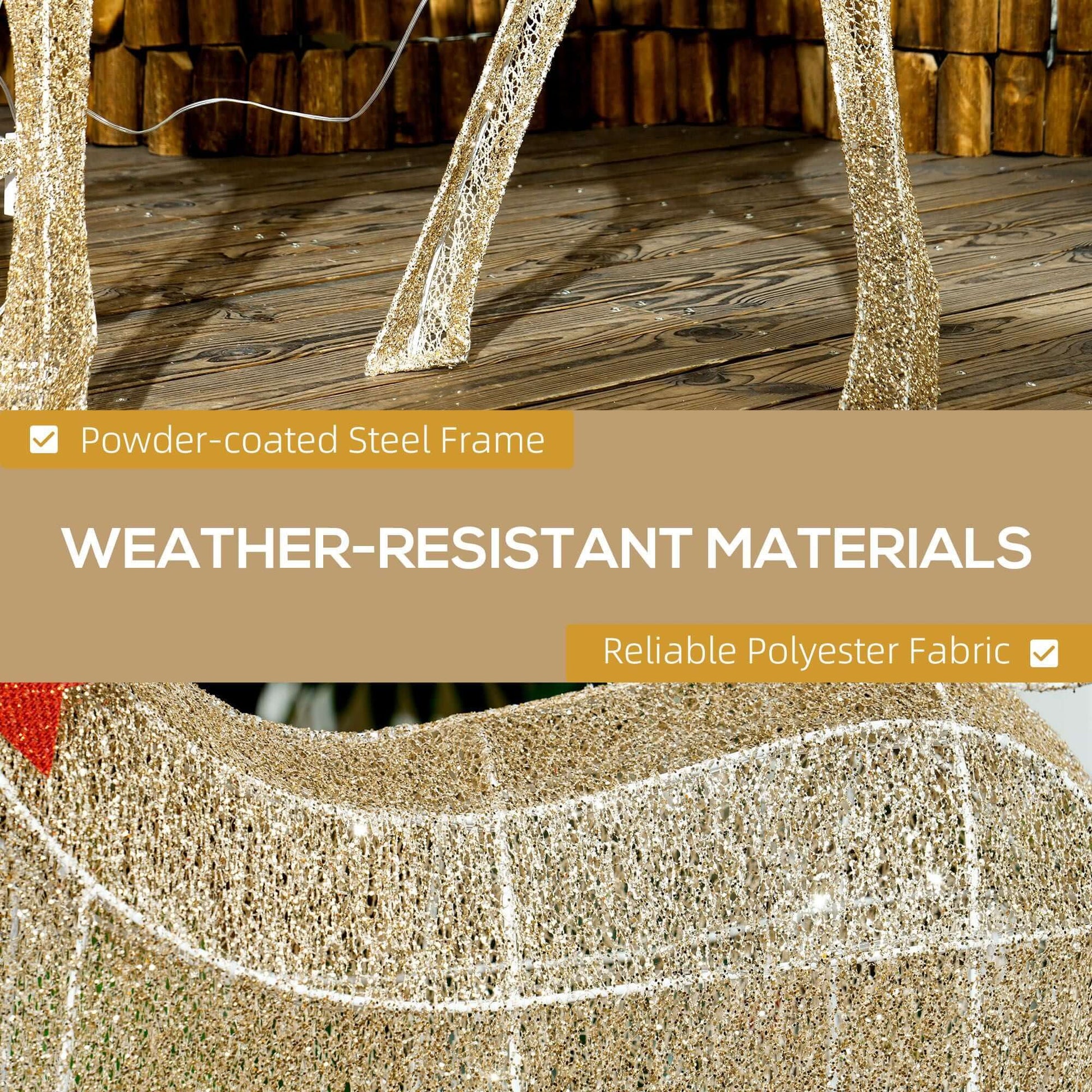 Close-up of Christmas Deer Decorations showcasing weather-resistant frame and fabric details