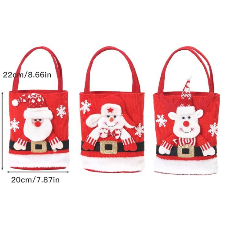 Christmas Candy Tote Bag for Kids featuring Santa, Snowman, and Elk designs, perfect for holiday gifts and treats.