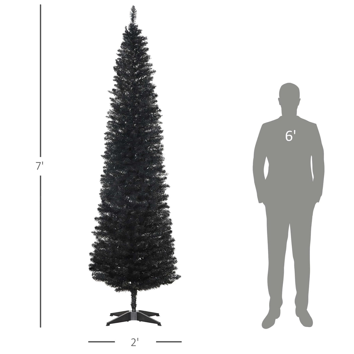 7ft Artificial Pencil Slim Christmas Tree with 499 Tips next to human silhouette for scale, perfect for small spaces.