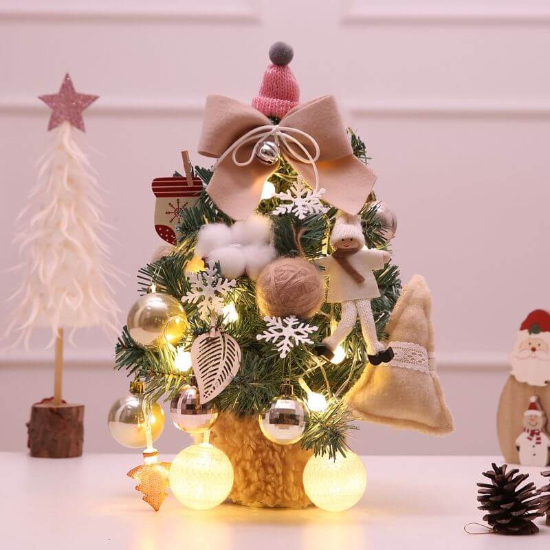 Desktop Christmas Tree decorated with ornaments and lights, perfect artificial mini decoration for table and desk.