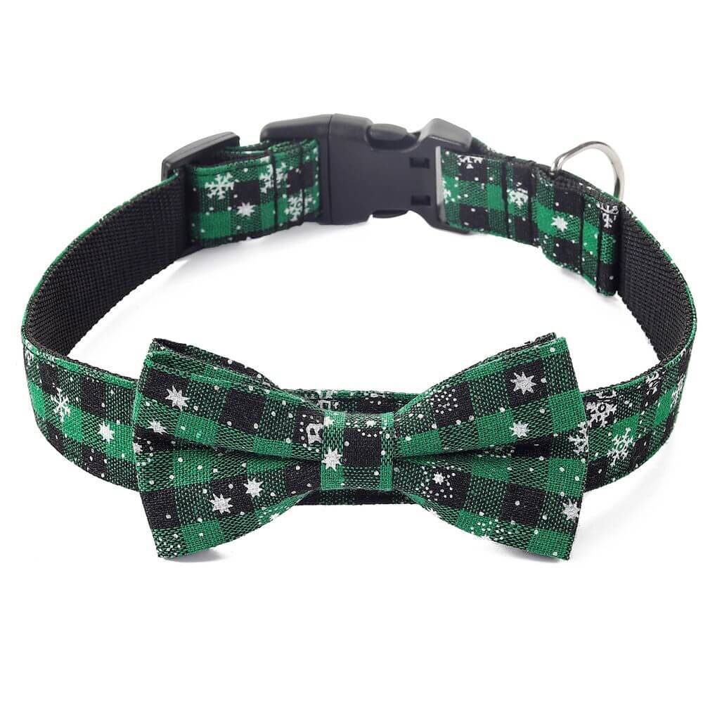 Christmas Dog Collar Snowflake Dog Collar with green plaid and snowflakes, includes matching bow tie for pets.