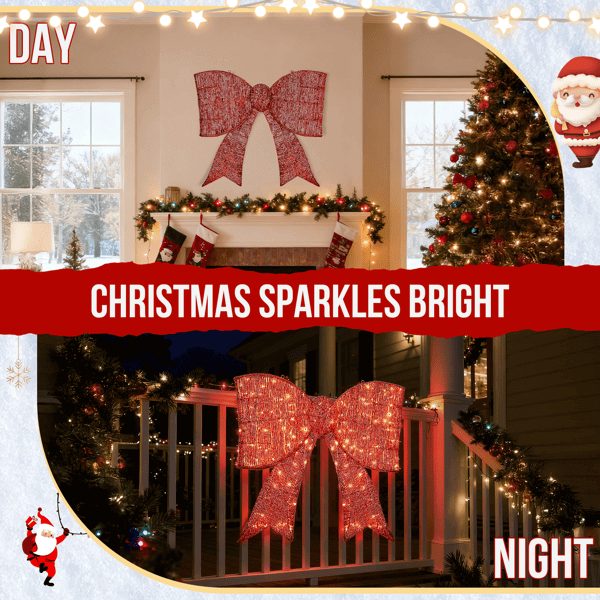Pre Lit Outdoor Giant Bowknot Christmas Decoration with 124 LED lights, displayed on porch railing and indoor wall for holiday decor.