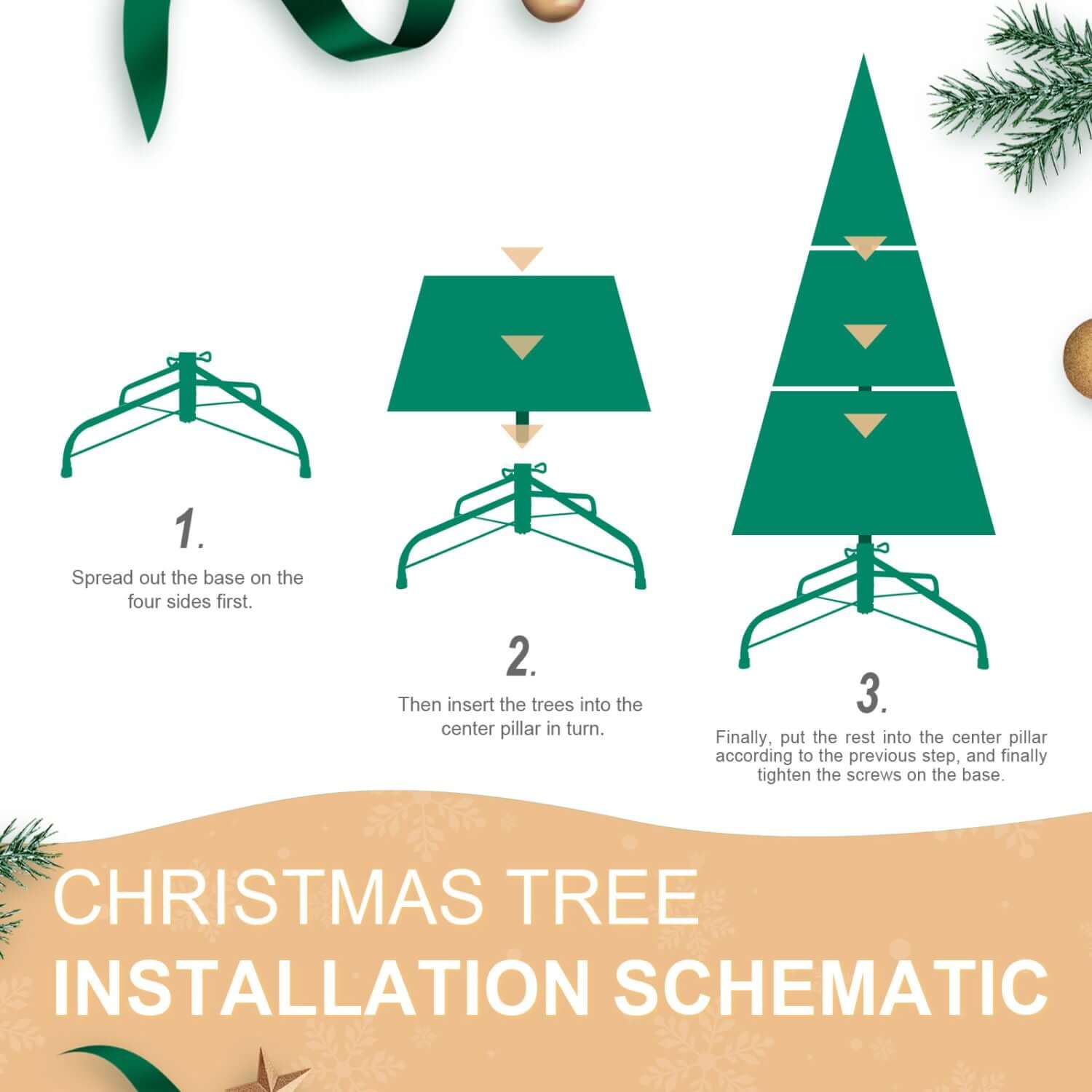 Illustration showing step-by-step installation of a Christmas Tree with LED Lights, including base, pillar insertion, and assembly.