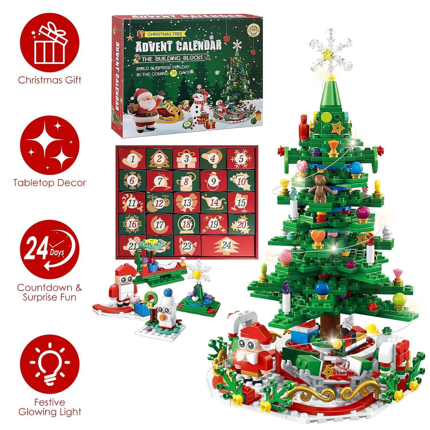 Christmas Tree Building Set Countdown Calendar with 701 pieces, 30 LED lights, festive decor for kids aged 3-6.