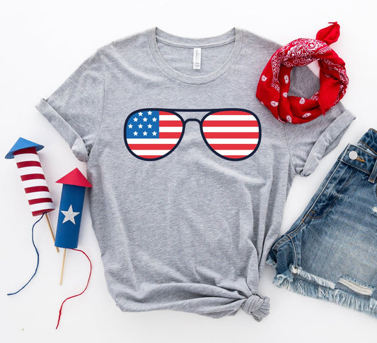 4th of July sunglasses t-shirt in grey, featuring USA flag design, premium cotton, perfect for Independence Day celebrations.