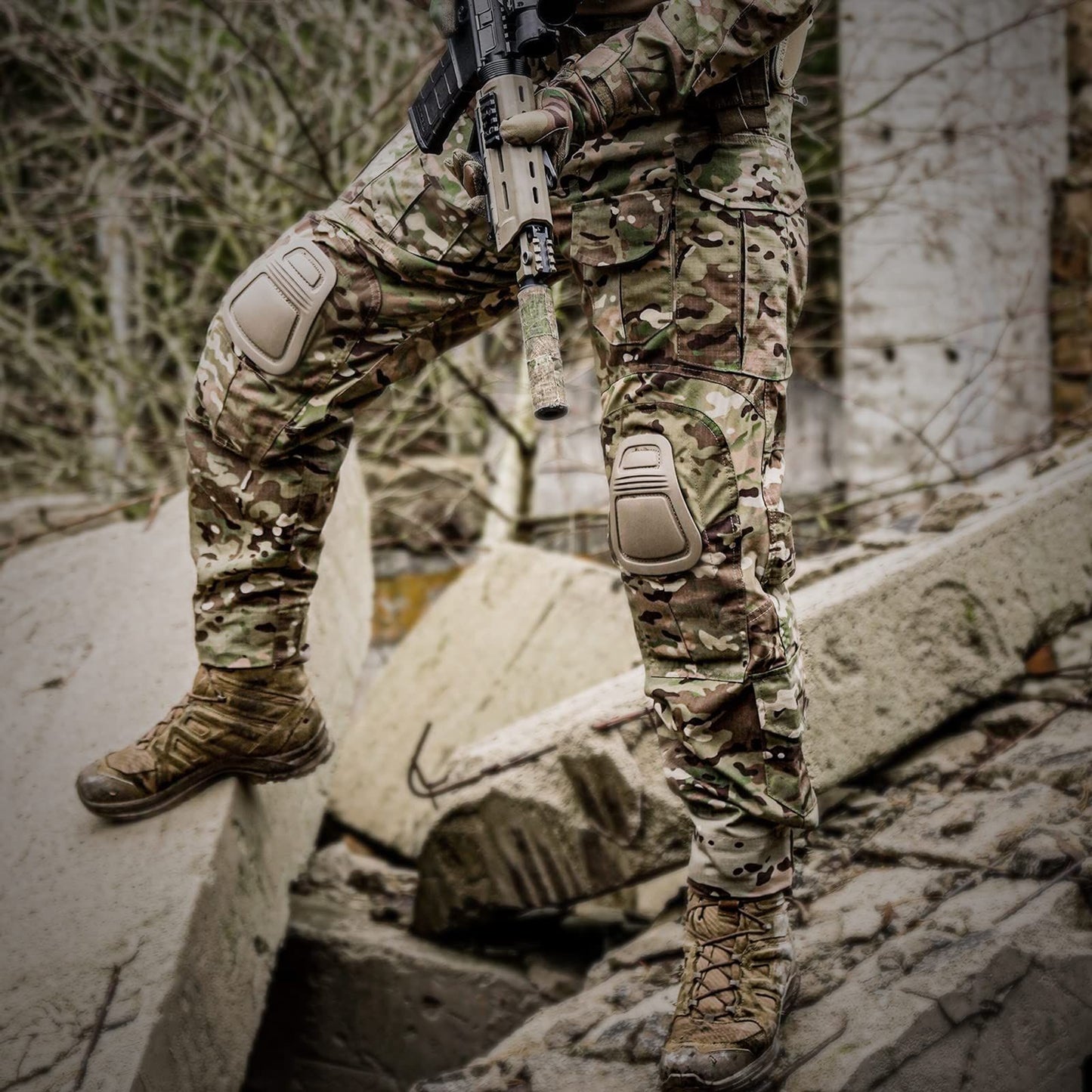 VOTAGOO G3 Combat Pants with Knee Pads displayed in rugged terrain, showcasing multicam design and tactical military features.