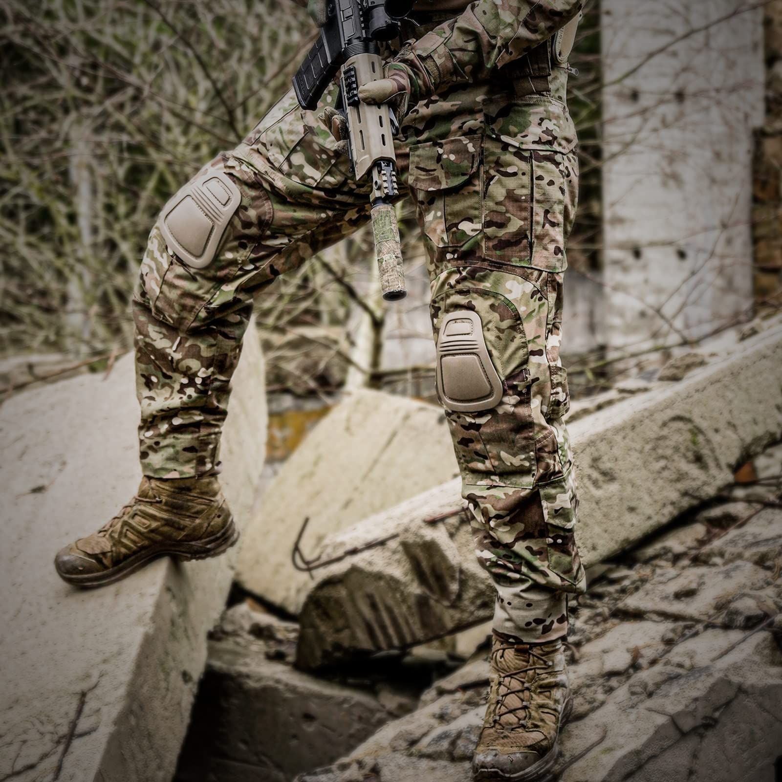VOTAGOO G3 Combat Pants with Knee Pads displayed in rugged terrain, showcasing multicam design and tactical military features.