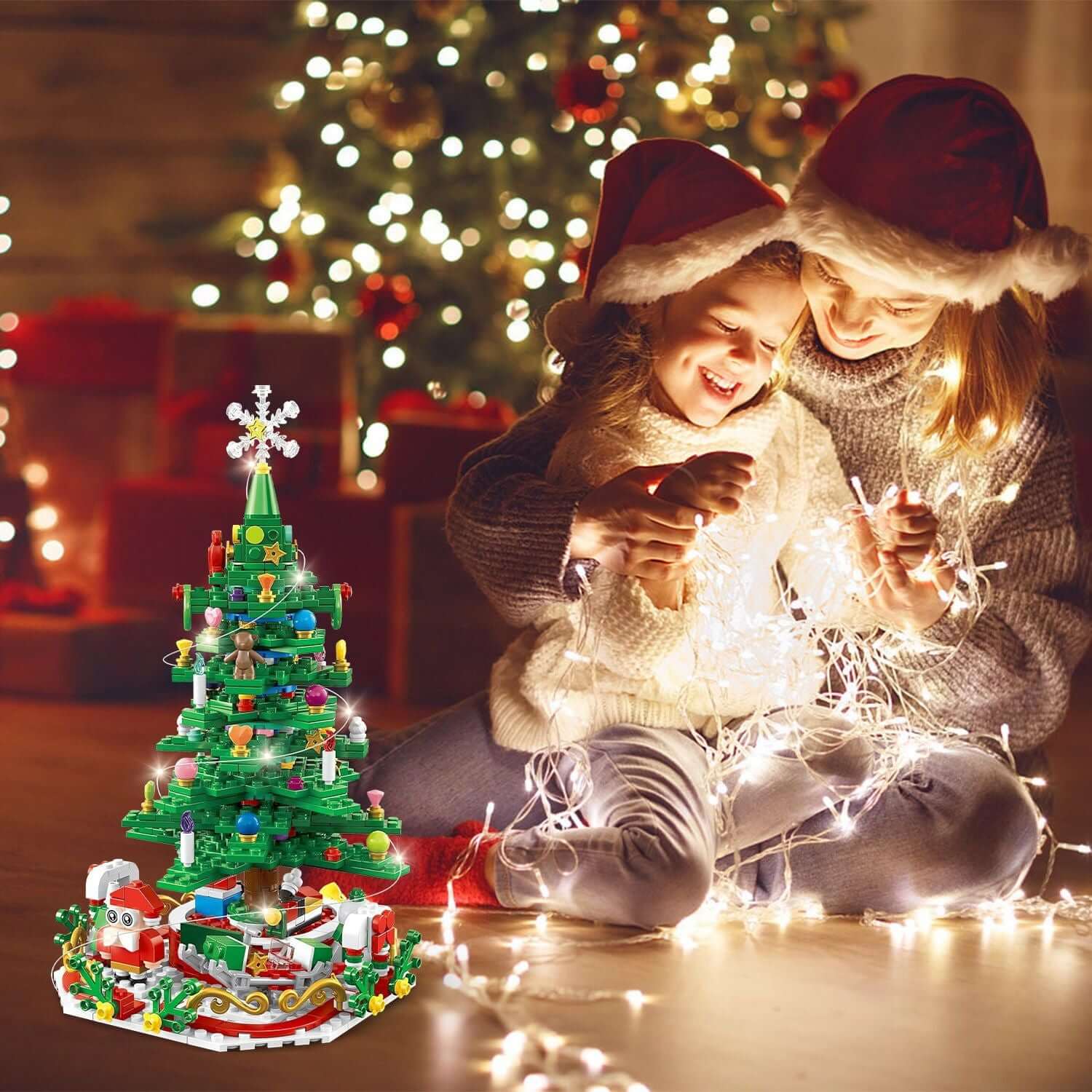 Joyful kids with Christmas Tree Building Set Countdown Calendar and fairy lights, creating festive memories together.