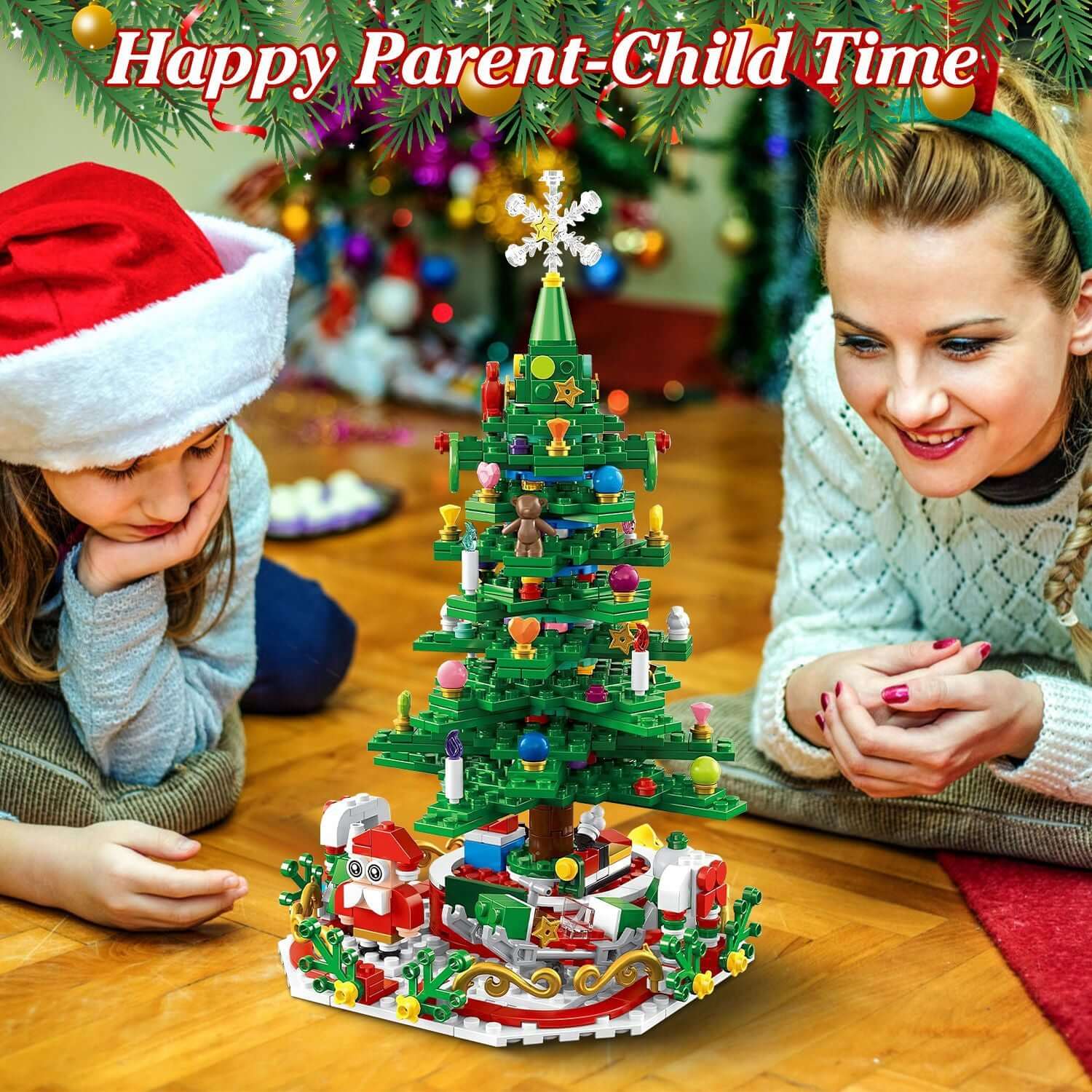 Children enjoying Christmas Tree Building Set Countdown Calendar with LED lights and festive decor