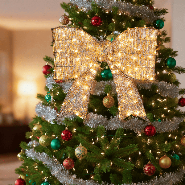 Pre lit Outdoor Giant Bowknot Christmas Decoration with 124 LED lights displayed on a Christmas tree, golden festive decor.