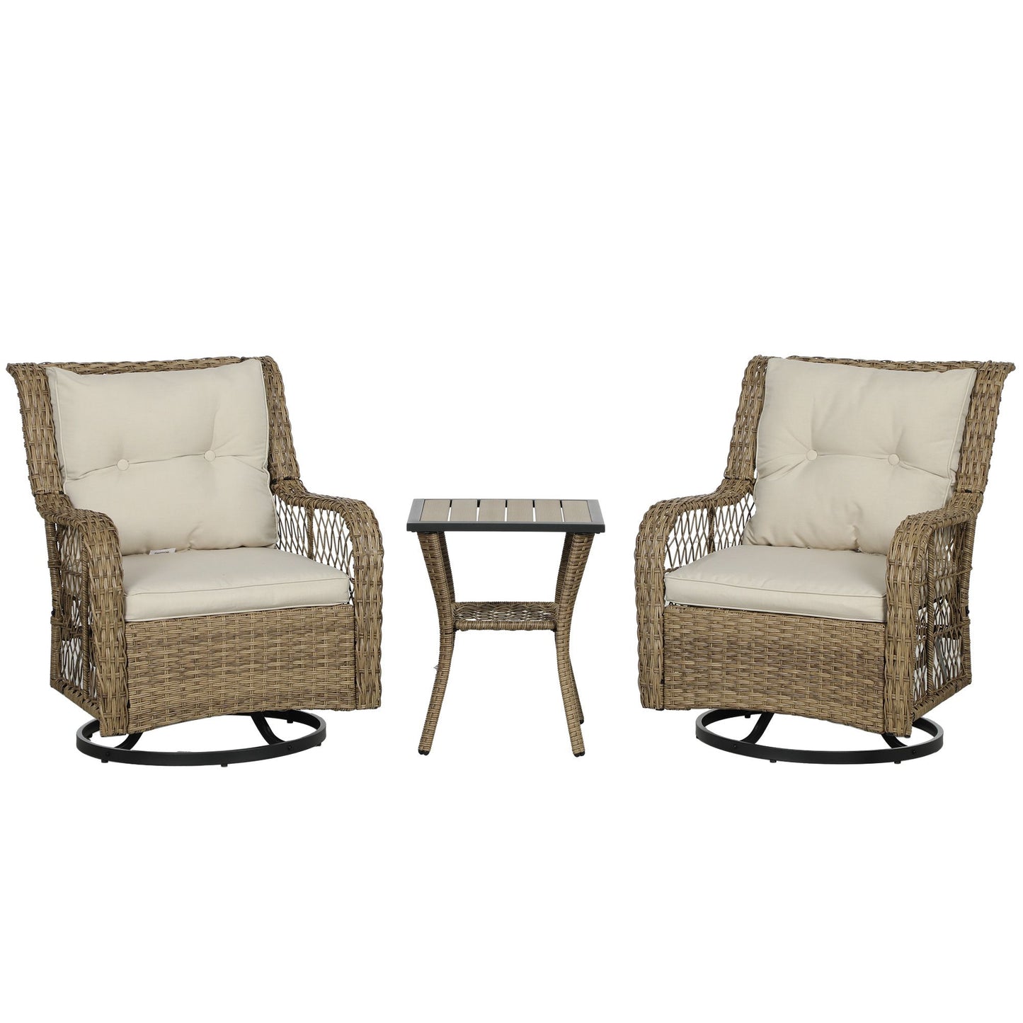 Outsunny 3-Piece Outdoor Bistro Set with beige wicker swivel glider chairs and 2-tier table for patio, deck, or balcony.