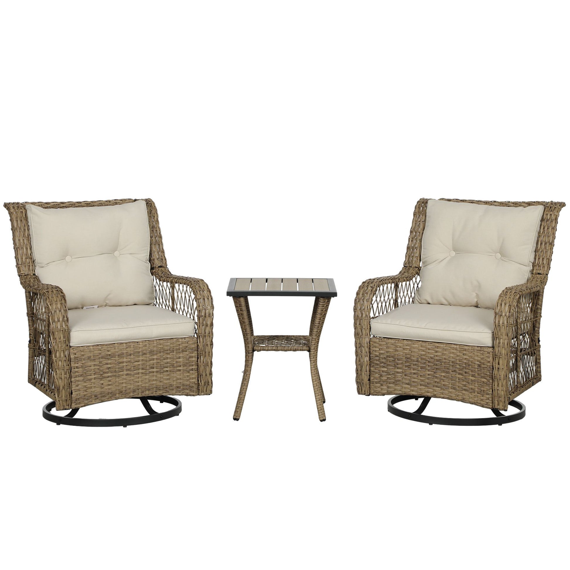 Outsunny 3-Piece Outdoor Bistro Set with beige wicker swivel glider chairs and 2-tier table for patio, deck, or balcony.