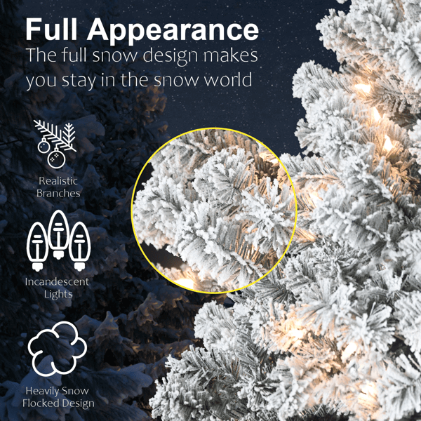 Close-up of heavily snow flocked design and incandescent lights on a Flocked Christmas Tree highlighting realistic branches.