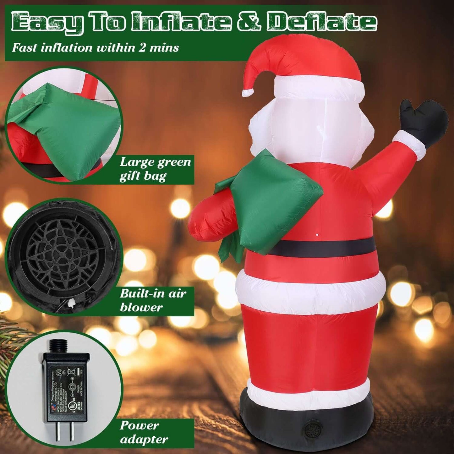 6.4ft Inflatable Christmas Giant Santa Claus with large green gift bag, built-in air blower, power adapter, and easy inflation feature.