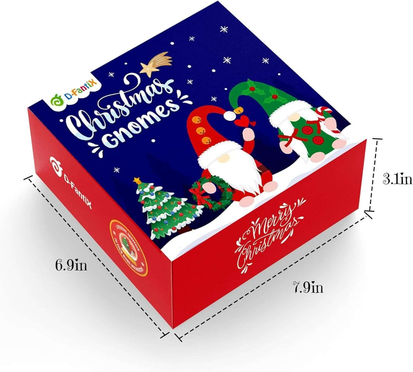 Colorful box packaging for Christmas Gnomes Plush 2-pack, featuring festive Swedish gnomes and holiday illustrations.