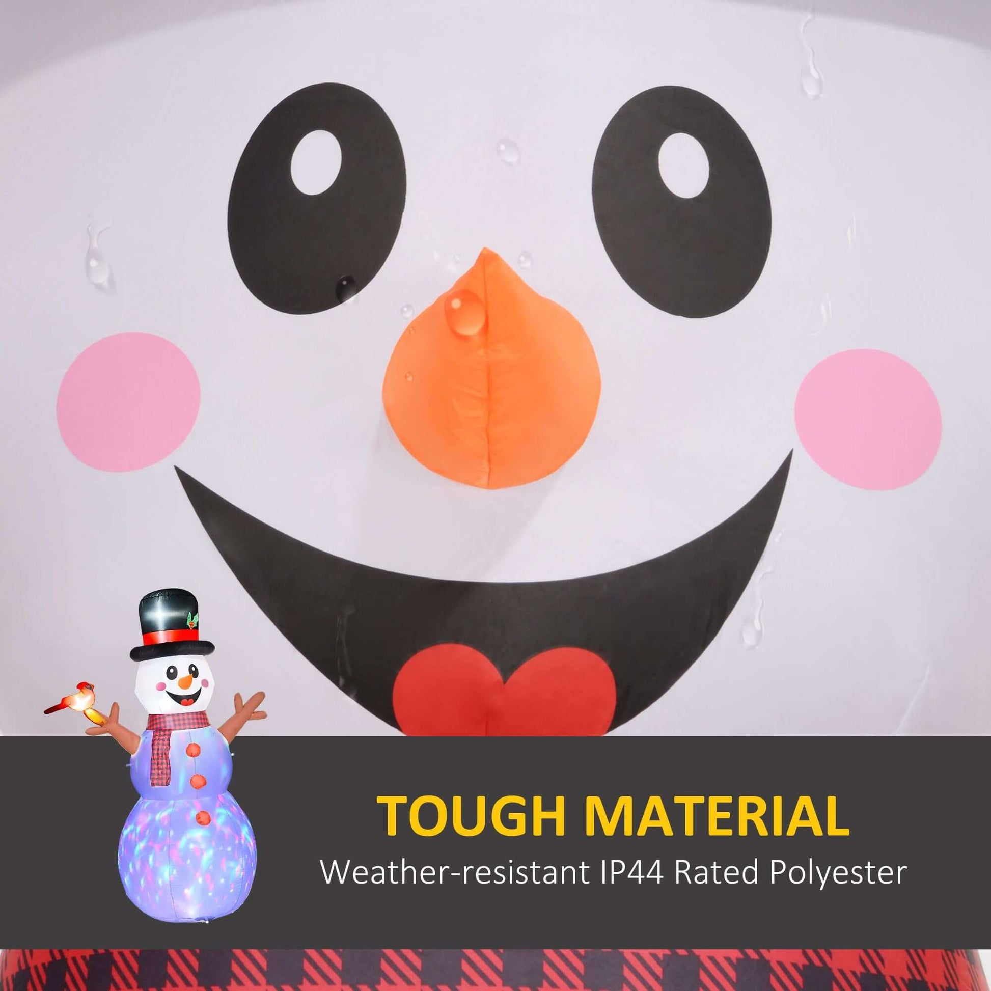Inflatable Snowman face with weather-resistant IP44 polyester material, smiling with pink cheeks and an orange nose.