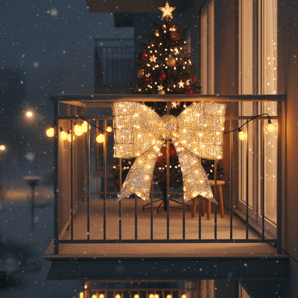 Pre lit Outdoor Giant Bowknot Christmas Decoration 124 LED lights on balcony in snowfall, festive holiday scene, golden glow.