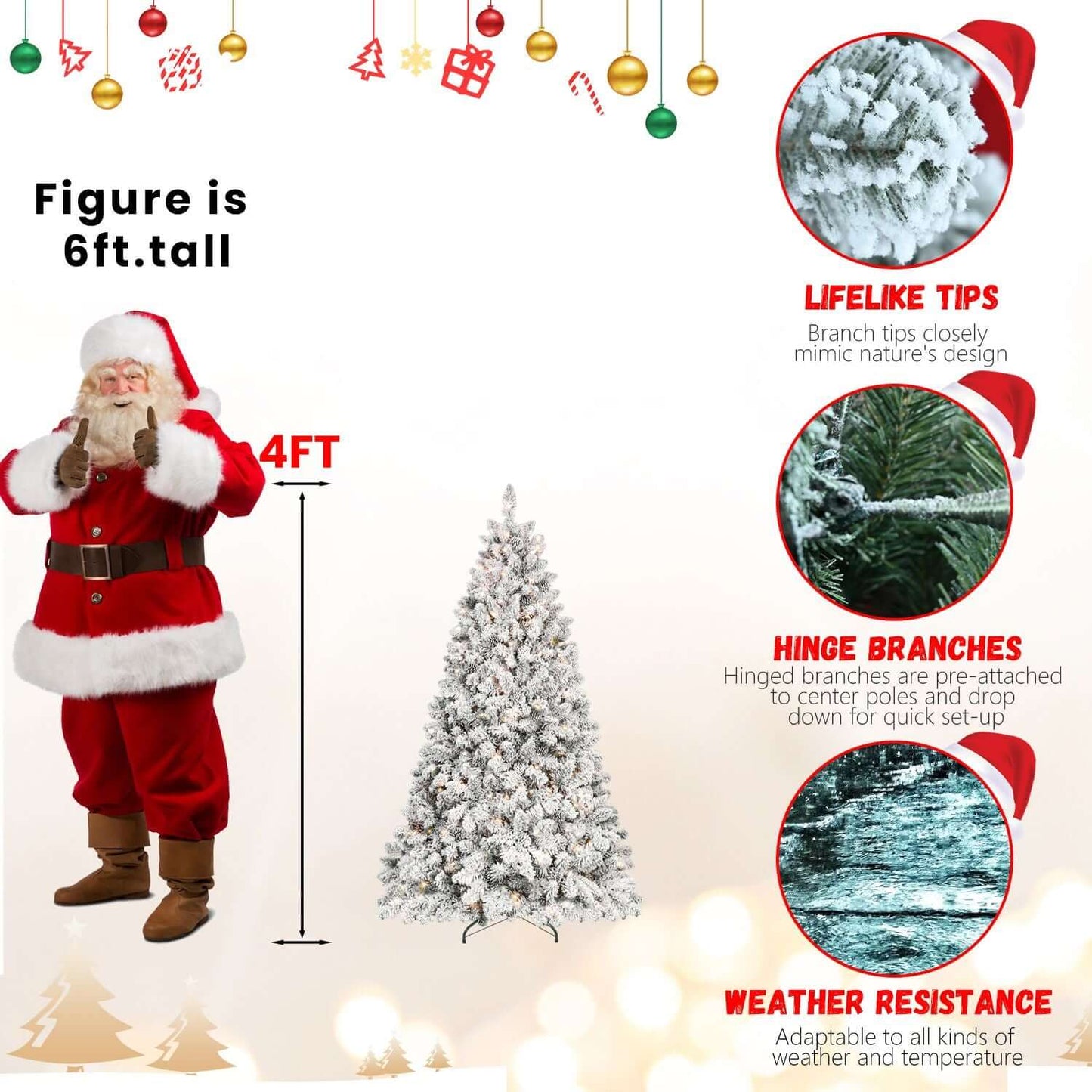 Features of 6ft tall Flocked Christmas Tree with Lights include lifelike tips, hinge branches, and weather resistance for festive cheer.
