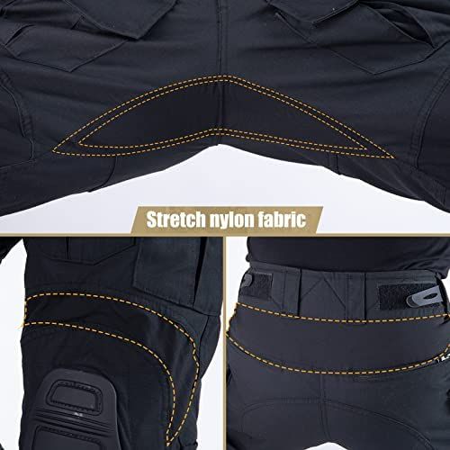Close-up of VOTAGOO G3 Combat Pants shows stretch nylon fabric details & reinforced knee pads for comfort in tactical and airsoft activities.
