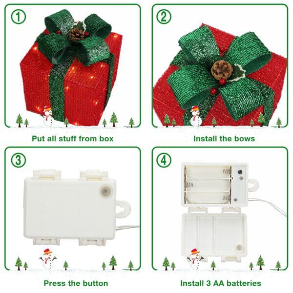 Instructional steps for LED60 Light Warm White Christmas Gift Box with battery installation and decorative setup.