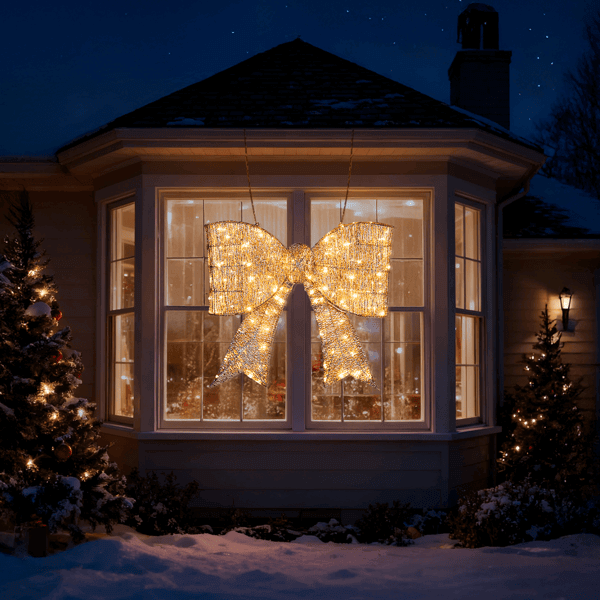 Pre lit Outdoor Giant Bowknot Christmas Decoration with 124 LED lights on a house window, spreading festive cheer with a warm glow.