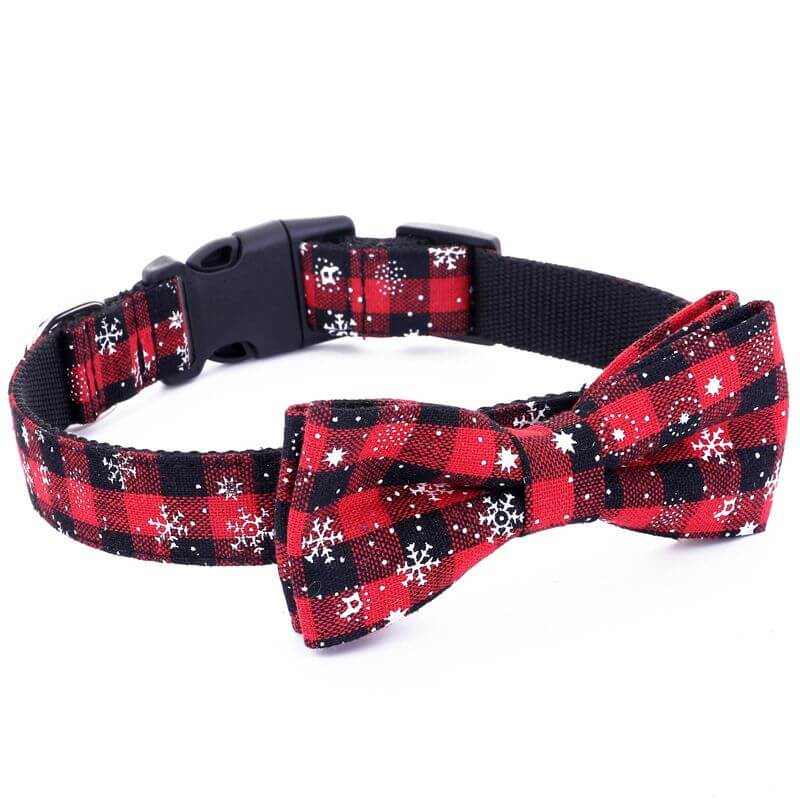 Christmas Dog Collar Snowflake Dog Collar with red plaid and white snowflakes, featuring a matching bow tie.