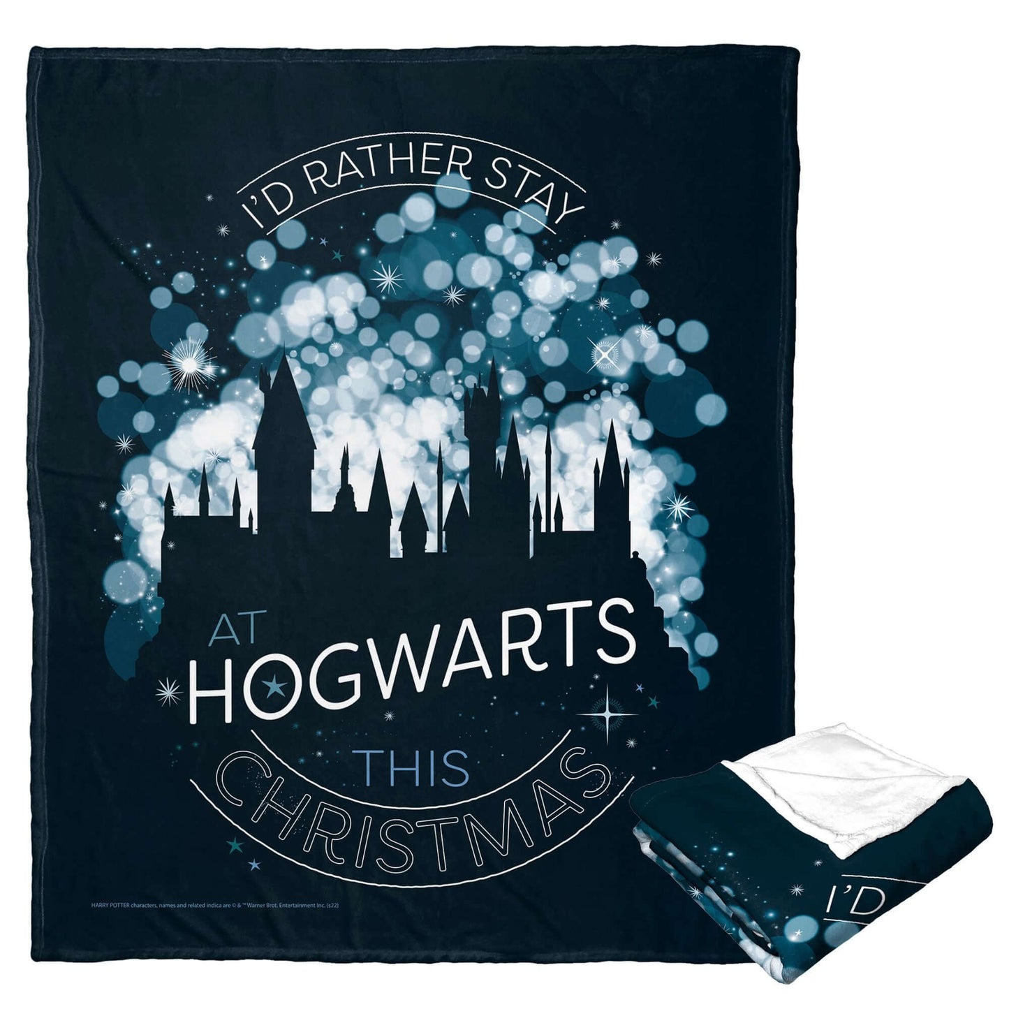Harry Potter Hogwarts Christmas Throw Blanket featuring Hogwarts silhouette and festive design, 50x60 inches for cozy holiday warmth.