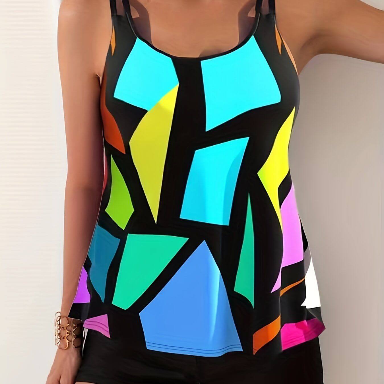 Women's Geometric Multicolored Tankini Set, Round Neck, Boxer Short, Swimwear by The Tabby Spot