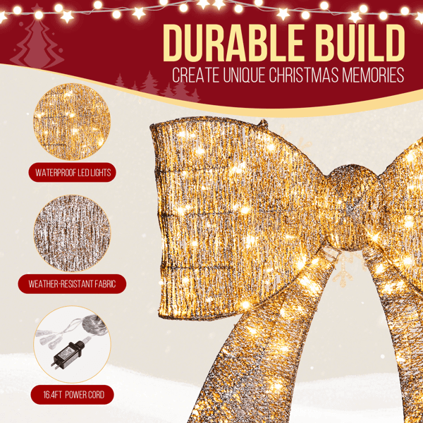 Pre lit Outdoor Giant Bowknot Christmas Decoration with 124 LED lights, golden bow on durable build background.
