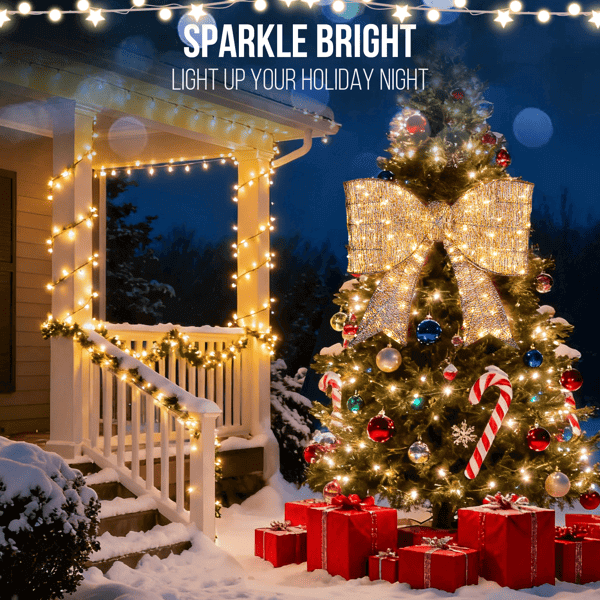 Pre lit Outdoor Giant Bowknot Christmas Decoration with 124 LED lights illuminating a holiday scene with tree and presents.