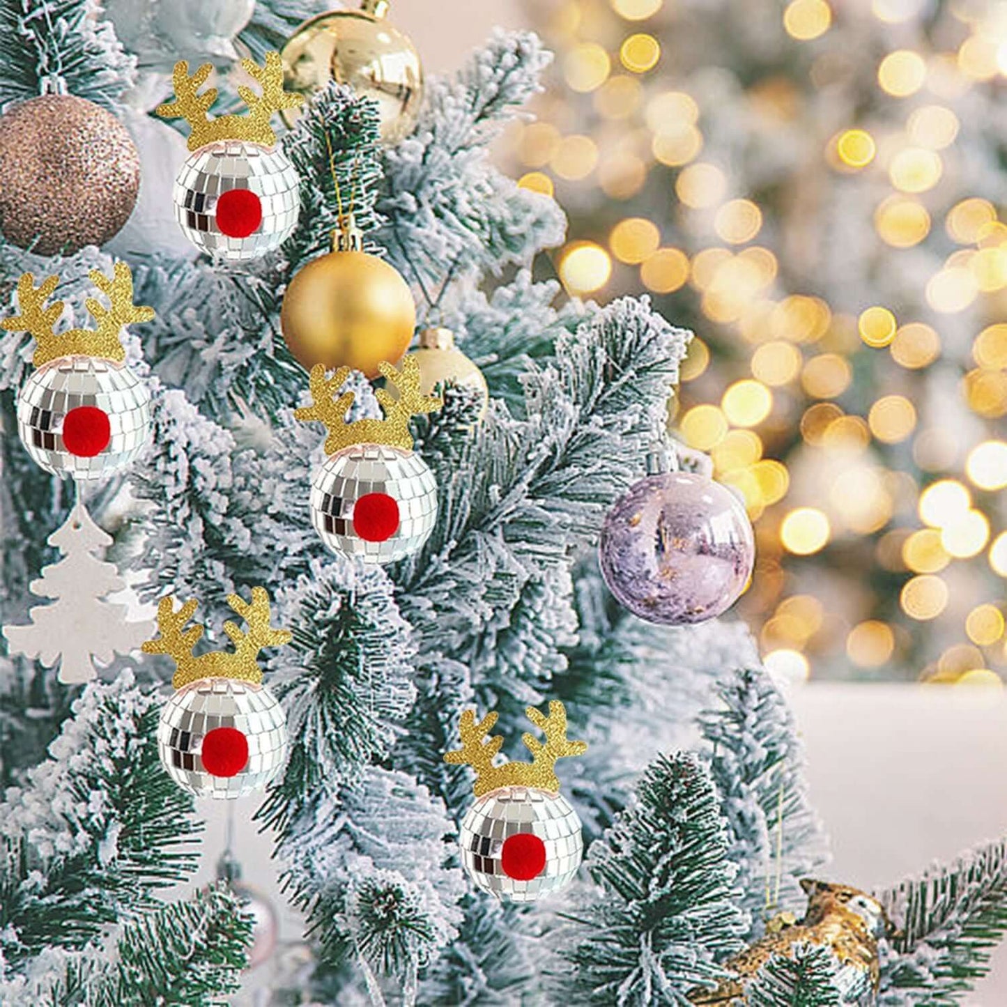 5PCS Disco Mirror Elk Horn Christmas Decor on holiday tree, sparkling ornaments with mirror tiles and festive elk horn design.