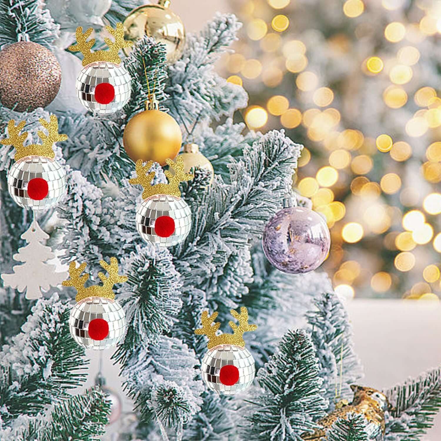 5PCS Disco Mirror Elk Horn Christmas Decor on holiday tree, sparkling ornaments with mirror tiles and festive elk horn design.