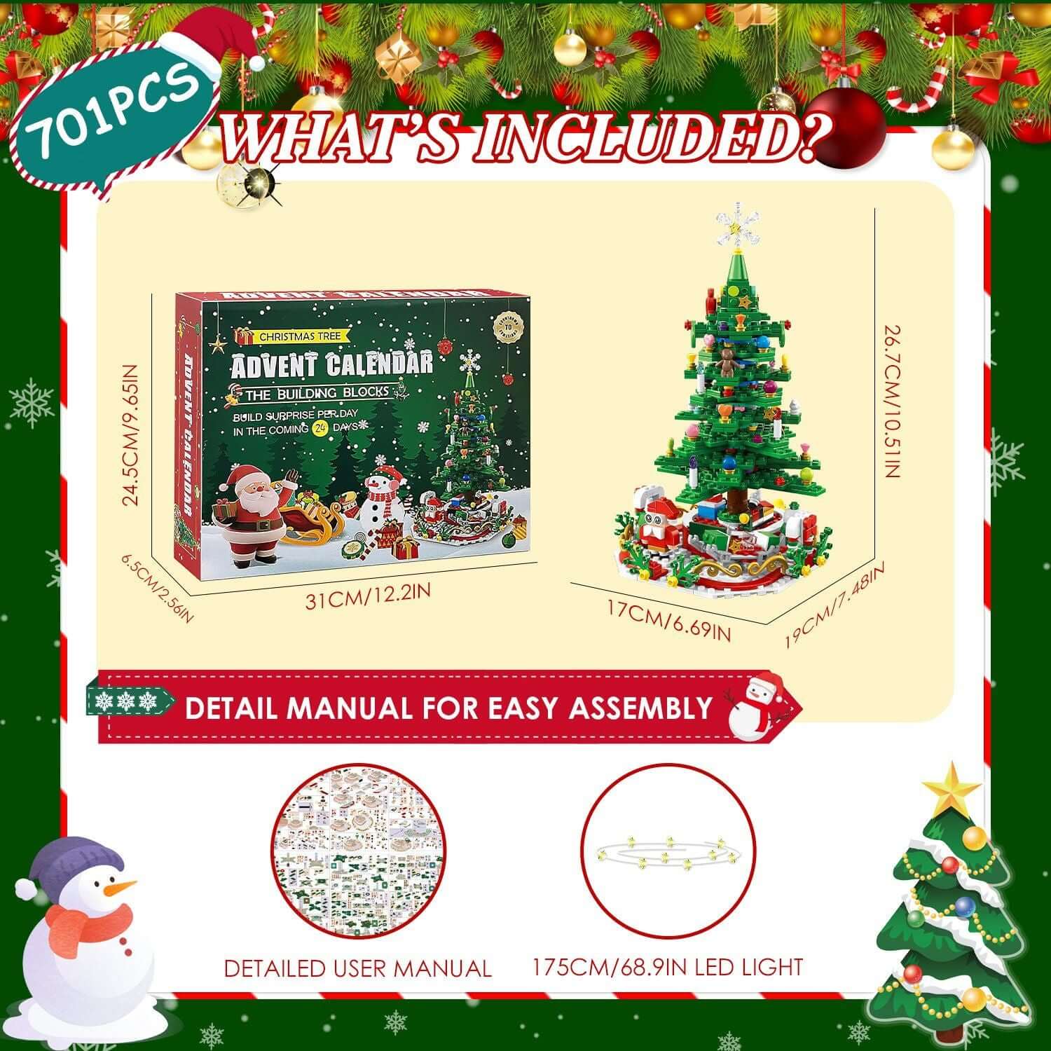 Christmas Tree Building Set Countdown Calendar with 701 pieces, 30 LED lights, Santa, ornaments, and snowflake topper package included.