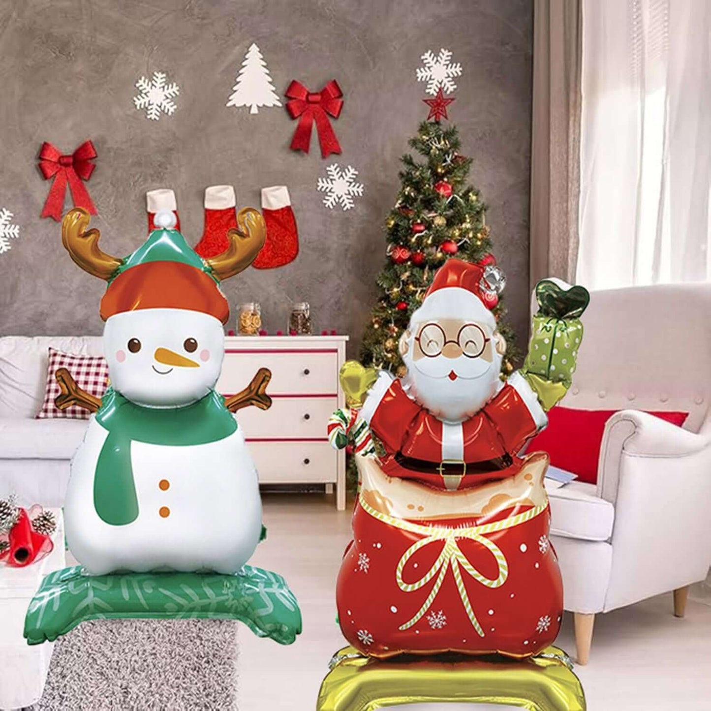 Christmas Mylar Balloons with Base featuring Santa and Snowman in festive living room decor.