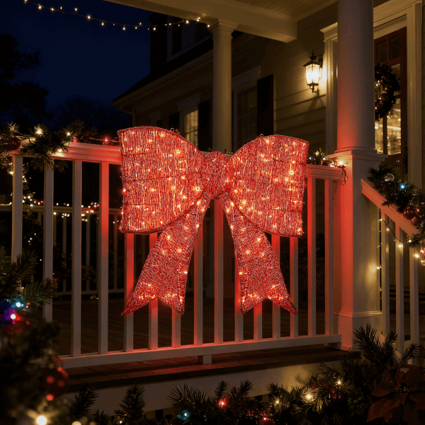 Pre Lit Outdoor Giant Bowknot Christmas Decoration on front porch in warm white LED lights at night