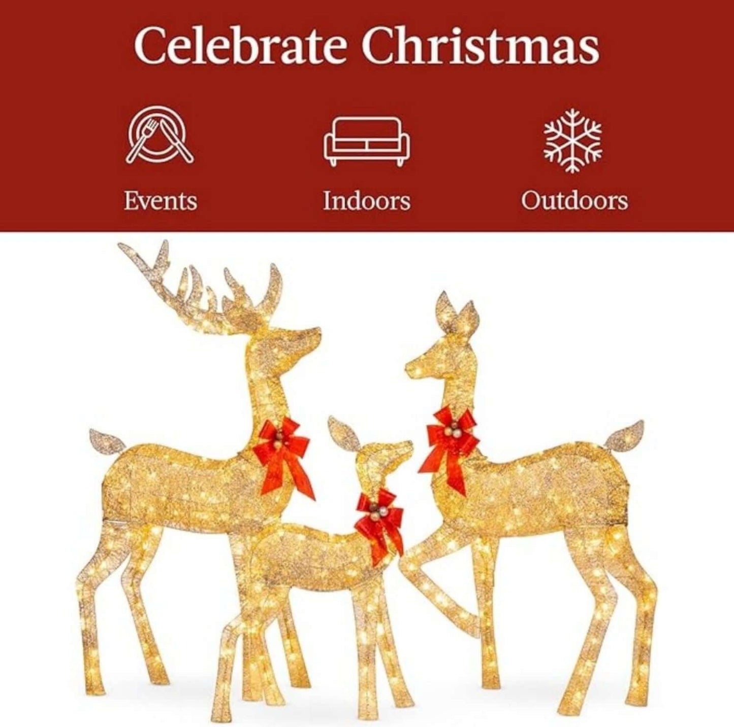 Lighted Christmas Deer Family Set Outdoor, 5ft reindeer, festively illuminated with red bows, ideal for creating a winter wonderland.