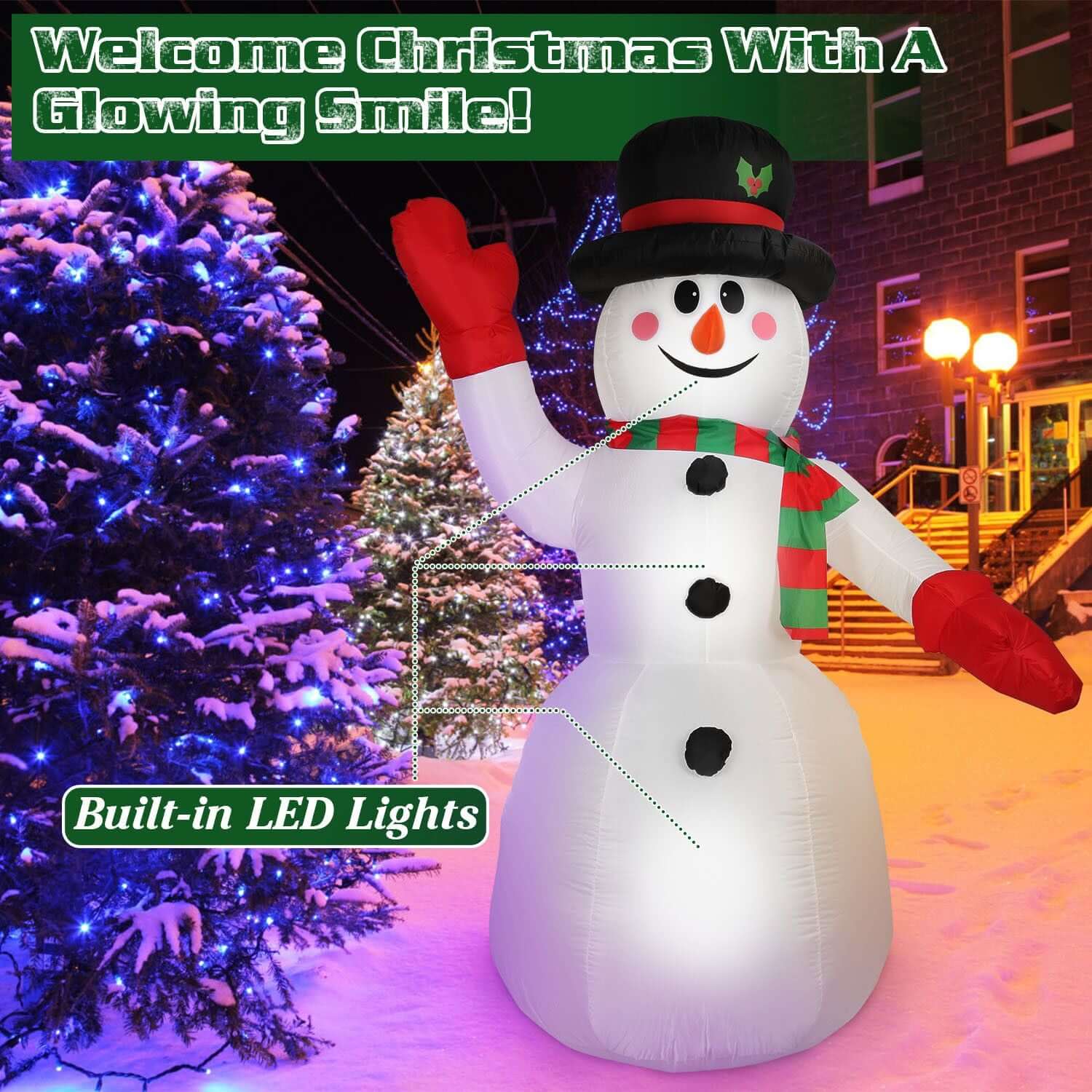 Christmas Inflatable Giant Snowman - 7.9FT with built-in LED lights, black hat, and scarf, creating a winter wonderland in your yard.